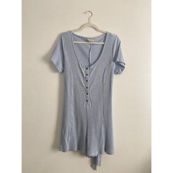 American Eagle Women's Blue Ribbed Short Sleeve Button Front Romper Size XL - Picture 1 of 5
